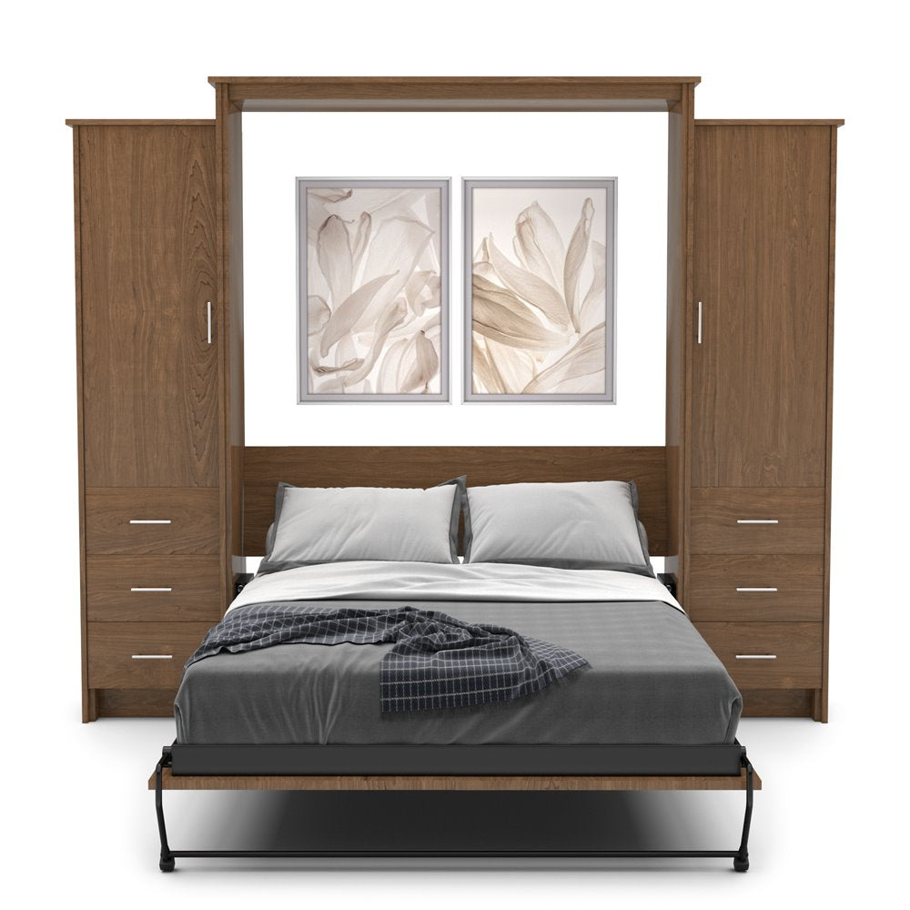 Twin Size Murphy Bed - Left & Right Cabinet, Slab Style, Brushed Nickel Pulls - Murphy Door