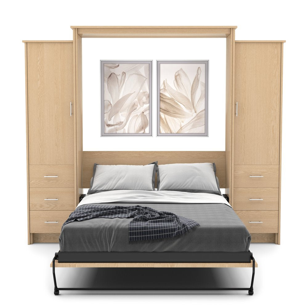 Twin Size Murphy Bed - Left & Right Cabinet, Slab Style, Brushed Nickel Pulls - Murphy Door