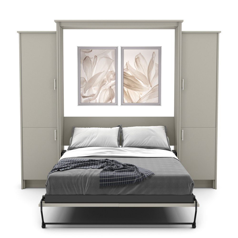 Twin Size Murphy Bed - Left & Right Cabinet, Slab Style, Brushed Nickel Pulls - Murphy Door