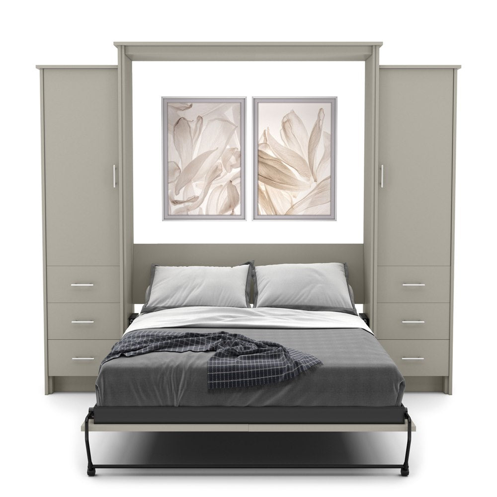 Twin Size Murphy Bed - Left & Right Cabinet, Slab Style, Brushed Nickel Pulls - Murphy Door
