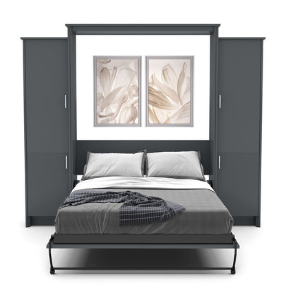 Twin Size Murphy Bed - Left & Right Cabinet, Slab Style, Brushed Nickel Pulls - Murphy Door