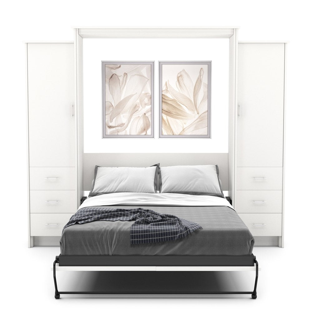 Twin Size Murphy Bed - Left & Right Cabinet, Slab Style, Brushed Nickel Pulls - Murphy Door