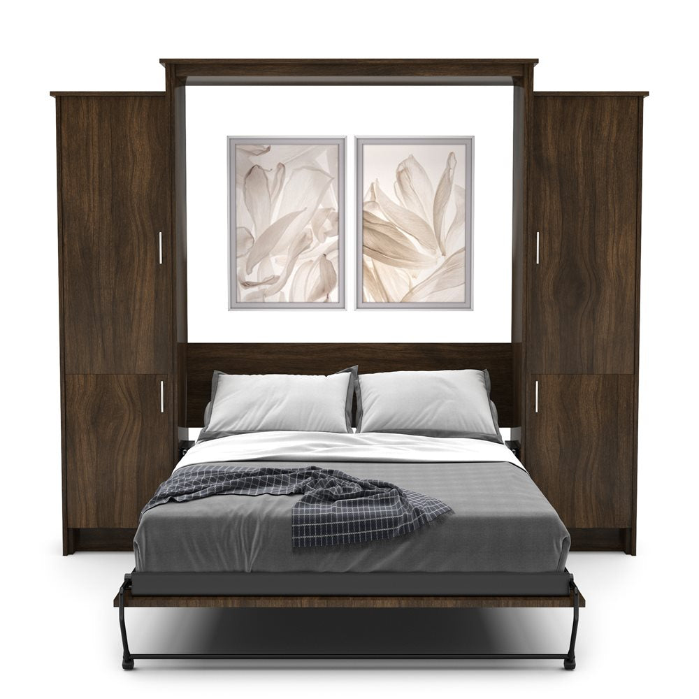 Twin Size Murphy Bed - Left & Right Cabinet, Slab Style, Brushed Nickel Pulls - Murphy Door