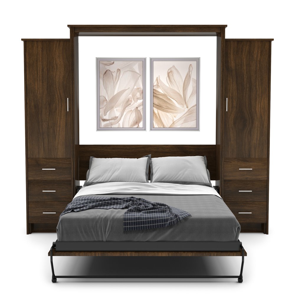 Full Size Murphy Bed - Left & Right Cabinet, Slab Style, Brushed Nickel Pulls - Murphy Door