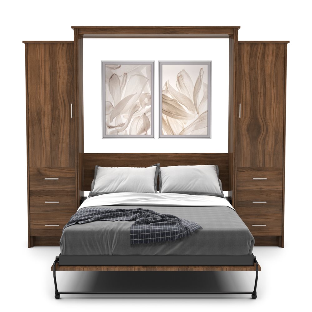 Twin Size Murphy Bed - Left & Right Cabinet, Slab Style, Brushed Nickel Pulls - Murphy Door