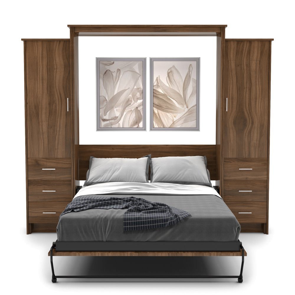 Twin Size Murphy Bed - Left & Right Cabinet, Slab Style, Brushed Nickel Pulls - Murphy Door